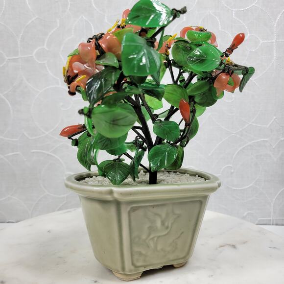 VTG Glass Faux Jade Bonsai Tree 9" Green Coral Handcrafted Art Ceramic Pot - Picture 2 of 16